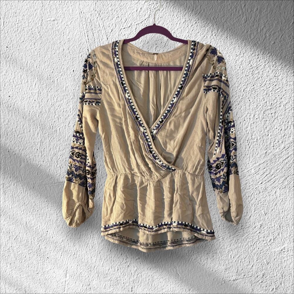 Free People Peasant Blouse Embroidered SP Wrap Look Deep V-neck Boho Hippie